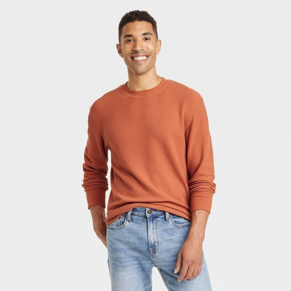 Men's Long Sleeve Textured‎ Crewneck T-Shirt - Goodfellow & Co™ Orange M